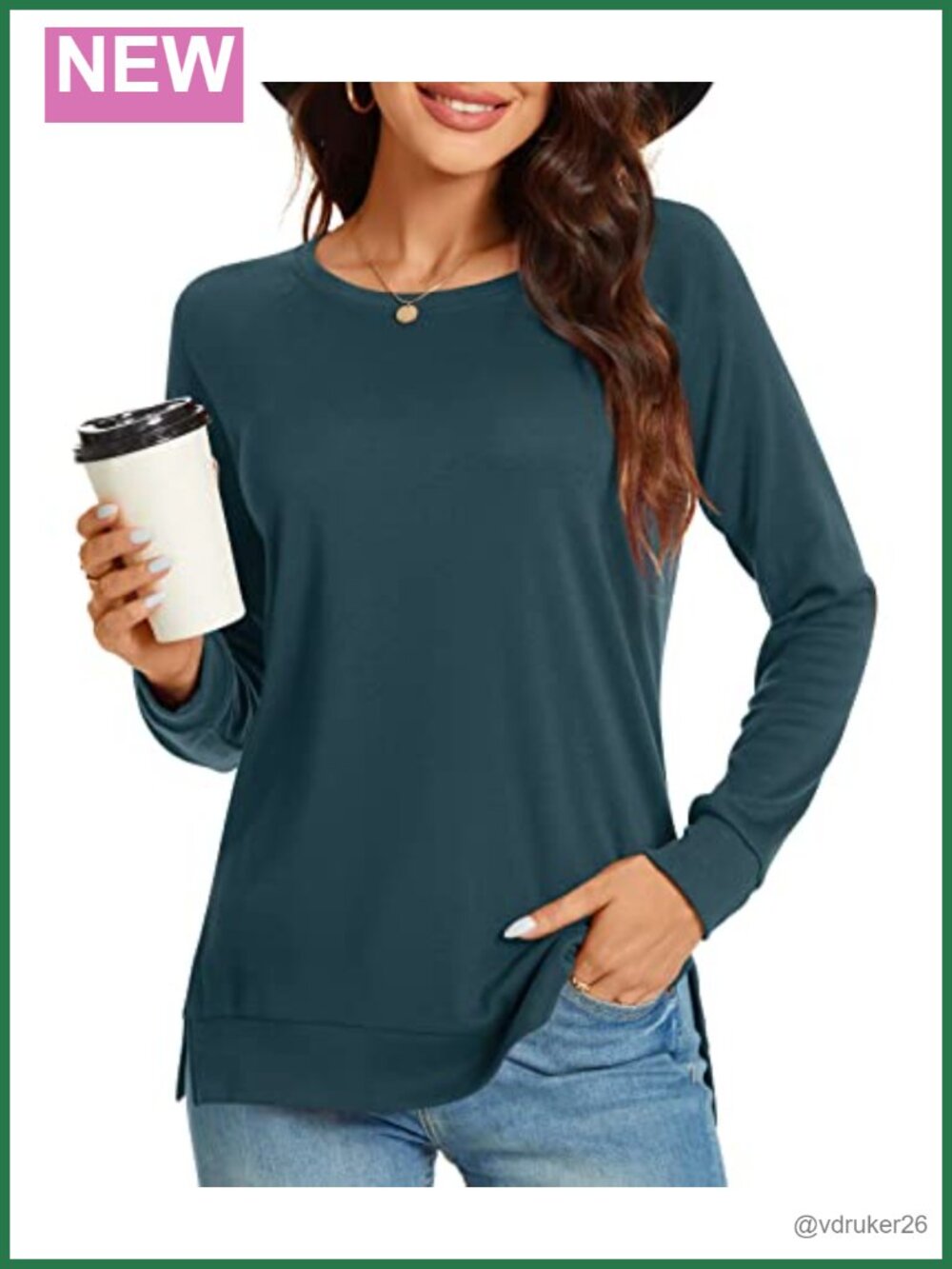 Women's Long Sleeve Tunic Top Side Split Loose Crewneck Sweater